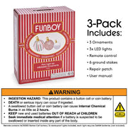 3 Pack includes: 3 ornaments, 3x LED Lights, Remote control, 6 ground stakes, repair patch, user manual. Warning! WARNING! Ingestion Hazard: This product contains a button cell or coin battery. Death or serious injury can occur if ingested. A swallowed button cell or coin battery can cause internal chemical burns in a s little as 2 hours. Keep new & used batteries out of reach of children. Seek immediate medical attention if a battery is suspected to be swallowed or inserted inside any part of the body.